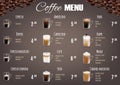 Coffee drinks menu price list vector template