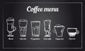 Coffee menu set. Hand drawn vector sketch of different types of coffee drinks on blackboard background Royalty Free Stock Photo