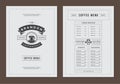 Coffee menu template design flyer for cafe with coffee shop logo mug symbol and retro typographic decoration elements. Royalty Free Stock Photo