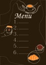 Coffee menu template. Hand drawn line elements, people hold cup and mug with hot aroma beverages, sweet croissant