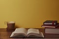 Coffee with milk and books on a brown wooden table. Royalty Free Stock Photo