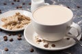 Coffee with milk and halva on a gray background Royalty Free Stock Photo
