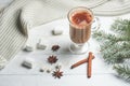 Coffee with milk, latte, hot chocolate with cinnamon sticks and anise stars with white chocolate and marshmallow, with a Christmas Royalty Free Stock Photo