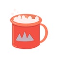 Coffee with milk in red cup and mountaines on a white background.Turistic metalic Camping cup vector
