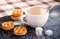 Coffee with milk, waffles, sugar Royalty Free Stock Photo