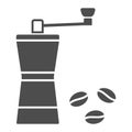 Coffee mill and beans solid icon, catering business concept, grinder vector sign on white background, glyph style icon