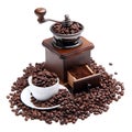 Coffee mill and cup with coffee beans