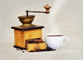 Coffee mill and cup of hot black coffee