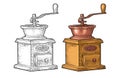 Coffee mill. Hand drawn sketch style. Vintage color vector engraving Royalty Free Stock Photo