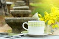 Coffee ,mobile phone with spring yellow flower in a garden Royalty Free Stock Photo