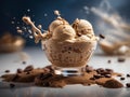 Coffee mocha ice cream gelato, floating, delicious and refreshing treat, cinematic advertising photography