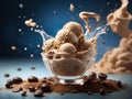 Coffee mocha ice cream gelato, floating, delicious and refreshing treat, cinematic advertising photography