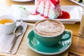 coffee mocha lattee cup on wood table and cake relax time on cafe shop Royalty Free Stock Photo