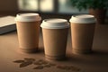 Coffee mockup eco set of three cardboard cups. Generative AI