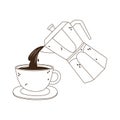 Coffee moka pot pouring on cup fresh line icon style
