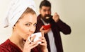 Coffee in morning. Couple having breakfast together. Husband and wife. Love, romantic, lifestyle. Royalty Free Stock Photo