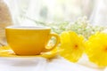 Coffee morning. Yellow steaming cup of hot coffee for relax after working hobbies crochet Royalty Free Stock Photo