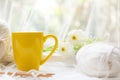 Coffee morning.  Yellow steaming cup of hot coffee for relax after working hobbies Royalty Free Stock Photo