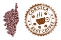 Mosaic Map of Corsica of Coffee and Distress Seal for Best Coffee