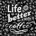 Coffee motivate handwritten phrase. Life is better. Drawn beans. Calligraphic quatation poster. Hand sign