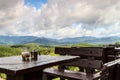 Coffee and mountains and fog in the morning Royalty Free Stock Photo