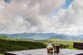 Coffee and mountains and fog in the morning Royalty Free Stock Photo