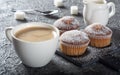 Coffee muffins on a wooden Board. Sweet muffins with berry filling on the table.