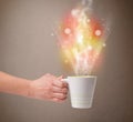 Coffee mug with abstract steam and colorful lights