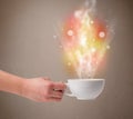 Coffee mug with abstract steam and colorful lights