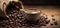 Coffee in a mug and coffee beans spilling out of a burlap bag, on a rustic wooden table against a black background. Royalty Free Stock Photo