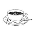 Coffee mug with cappuccino, spoon and blueberries vector black and white illustration for menus, invitations and logos