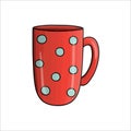 Coffee mug cartoon icon. Colored tea cup vector illustration. Linear art red polka dot crockery isolated on white background. Royalty Free Stock Photo