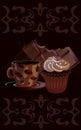 Coffee mug with chocolate and cake