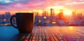 Coffee mug with cityscape on desk, reflects Data Stream in sunset Background Royalty Free Stock Photo