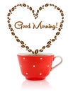 Coffee mug with coffee beans shaped heart with good morning sign Royalty Free Stock Photo