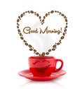 Coffee mug with coffee beans shaped heart with good morning sign Royalty Free Stock Photo