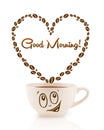 Coffee mug with coffee beans shaped heart with good morning sign Royalty Free Stock Photo