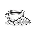 Coffee mug and croissant black color sketch art vector illustration.
