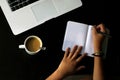 Coffee mug on a desk, with a laptop and a notebook Royalty Free Stock Photo