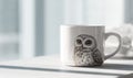 A coffee mug with a drawing of an owl on it sits on a table Royalty Free Stock Photo
