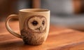 A coffee mug with a drawing of an owl on it sits on a wooden table Royalty Free Stock Photo