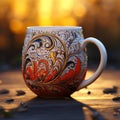 Elaborate Golden Light Ceramic Coffee Mug With Hyperrealistic Design