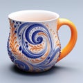 Hyper-realistic Blue And Orange Coffee Mug With Swirls