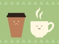 Coffee mug with a happy smiling face and take away coffe cup with sad face ecology concept, vector