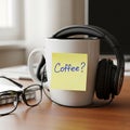 Coffee Mug with Headphones and Sticky Note on Desk in Office Environment Royalty Free Stock Photo