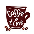 Coffee mug with inscription Coffee time and coffee grains Royalty Free Stock Photo