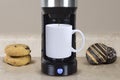 Coffee Mug Mockup with Coffee Maker and Cookies Royalty Free Stock Photo