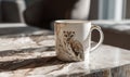 A coffee mug with an owl on it sits on a table Royalty Free Stock Photo