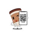 Coffee mug cartoon show smartphone with QR code on screen flat vector design.