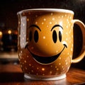 Coffee mug with smiley face, start the day with cheer and happiness